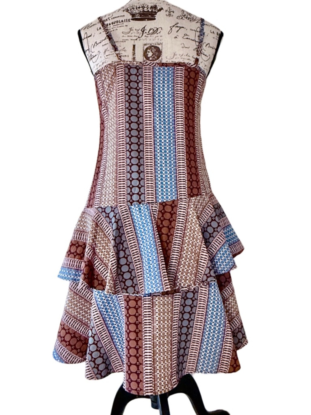 Pin Han Boho Patchwork Ruffle Mini Dress Adjustable Straps & Waist Medium New - Picture 5 of 15